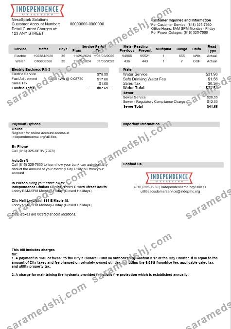 USA Missouri Independence Utilities business utility bill template in Word and PDF formats, version 2